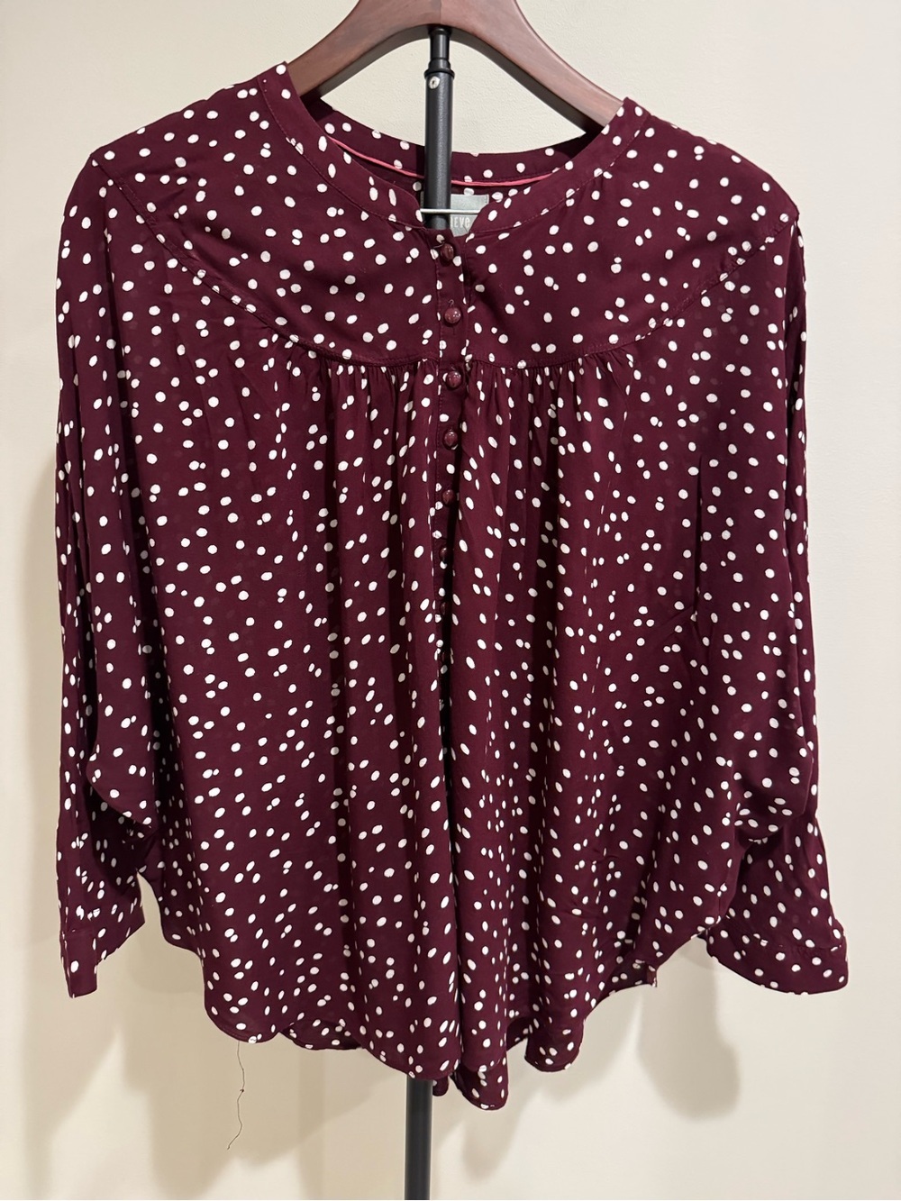 Maeve By Anthro Women's Burgundy Top with White Polka Dots Flowy Size Medium
